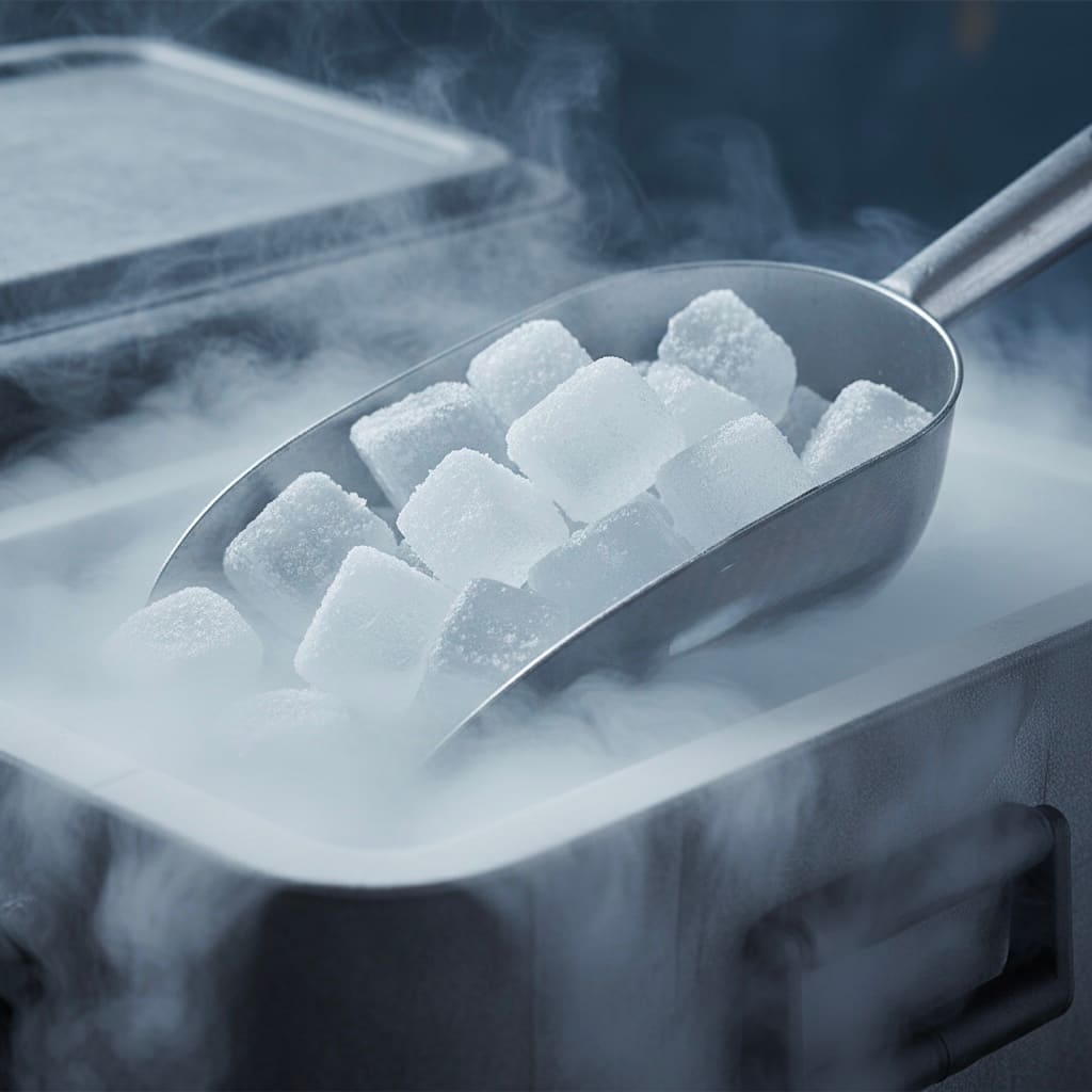 Small pieces of dry ice being scooped, vapour rising
