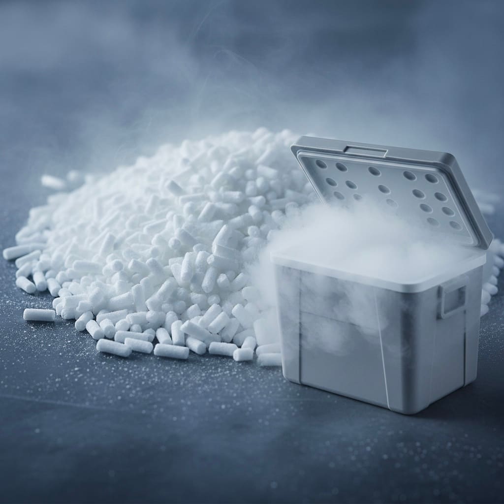Pallet quantity of dry ice pellets in an insulated container