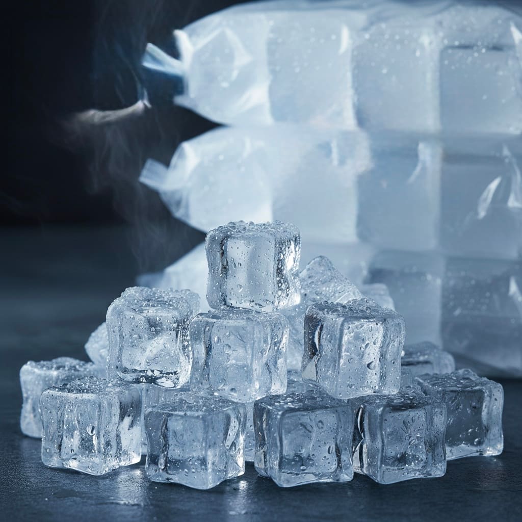 Sleeve of bagged wet ice ready for delivery