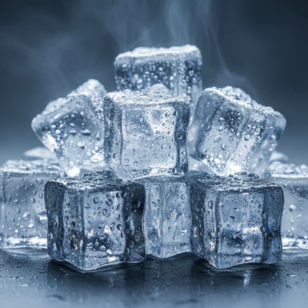 Stacked cubes of wet ice covered in condensation